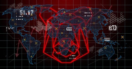 Displaying stylized world map highlighting neon arcs on dark red grid interface, with hex clusters