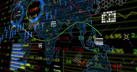 Displaying neon-blue world map on digital dashboard, showing line charts, hex clusters and tickers