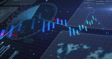 Displaying trading dashboard on dark grid showing candlesticks teal trend cyan waveform red values