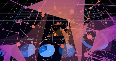 Displaying 3D dashboard on dark grid with perspective, network nodes, blue pie charts