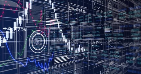 Displaying digital trading dashboard at virtual desk, showing candlestick charts and tickers
