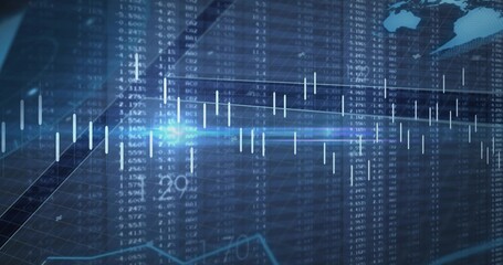 Displaying financial dashboard showing candlestick chart over tabular market data with flare