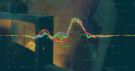 Pulsing color waveform across workshop, showing HUD, plate, sparks, silhouette wearing dark jacket