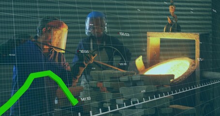 Pouring two foundry crew wearing heatproof coats and visors at foundry, with ladle and data overlay