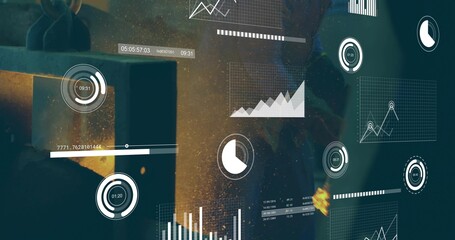 Grinding gloved worker using grinder making sparks in shop, with beam clamp, HUD, copy space