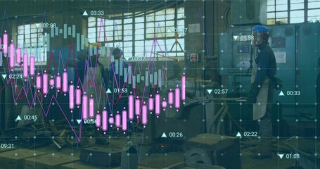 Checking man on right in blue helmet, apron using panel at factory, candlestick chart, copy space