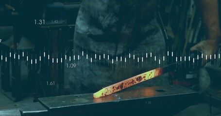 Shaping smith in dark apron with tongs, positioning glowing bar on anvil at shop, waveform overlay