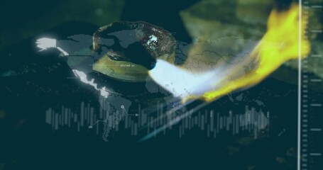 Heating metal burner, revealing blue core and yellow tip flame in workshop, showing map overlay