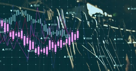 Displaying financial chart with pink candlesticks and purple blue lines in dim studio, metal hooks