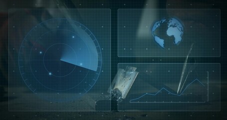 Projecting HUD overlays over dusty lab surface while rusted fragment embedding, radar globe visible