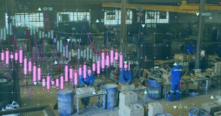 Four workers in blue uniforms shaping molds and mixing materials in production shop with overlays
