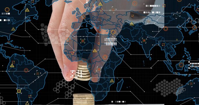 Pinching adult hand placing small stack of golden coins on white surface, with digital map overlay - Powered by Adobe