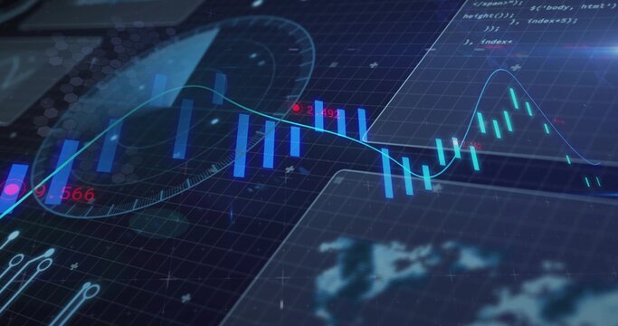 Displaying trading dashboard on dark grid showing candlesticks teal trend cyan waveform red values - Powered by Adobe