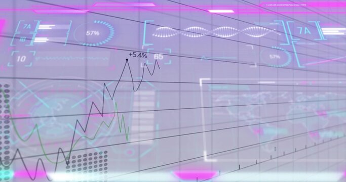 Displaying big holographic data wall showing jagged charts in control room, with +5
