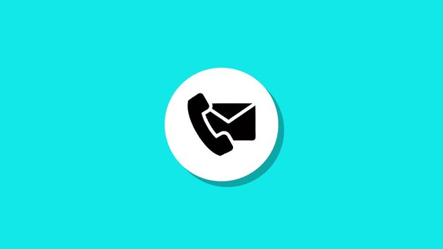 Contact icon animation including a telephone handset and an envelope inside a white circle bouncing against a bright turquoise background minimal flat style