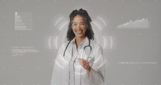 Smiling woman doctor posing in studio with HUD, holding pen, wearing lab coat and stethoscope - Powered by Adobe