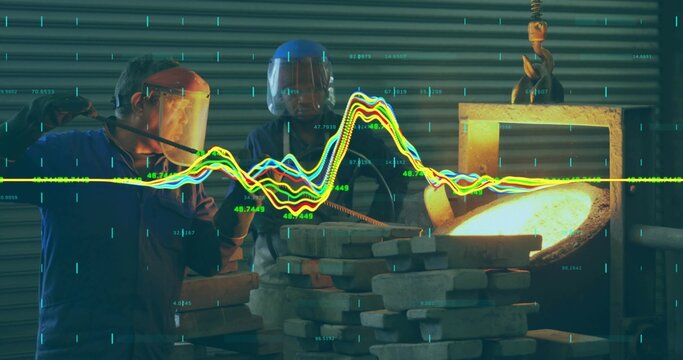 Pouring two foundry workers guiding crucible at foundry workshop with data overlay, face shields - Powered by Adobe