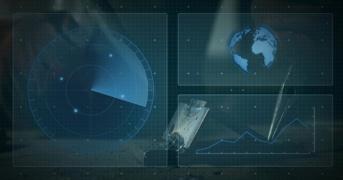 Projecting HUD overlays over dusty lab surface while rusted fragment embedding, radar globe visible - Powered by Adobe