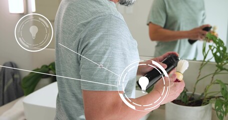 Applying shaving cream man wearing T-shirt at home bath vanity, with AR graphics and black canister