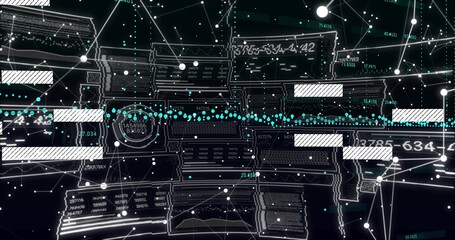 Floating central HUD panels connecting via dotted cyan data stream in dark virtual network