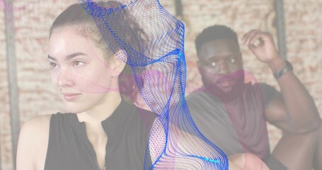 Sitting woman on left wearing black zip-front top in studio with digital mesh overlay, copy space