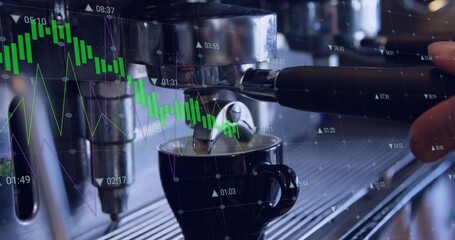 Pouring portafilter spout releasing espresso into small black cup on cafe bar, with market charts