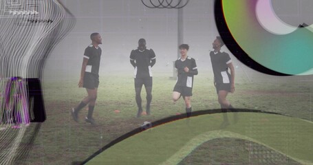 Fototapeta premium Standing, walking, juggling four players in black-white kits on foggy field, ball, cones, overlays