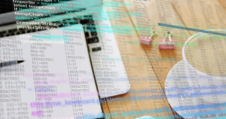 Showing notebook and laptop resting on wooden desk in office, with overlaid code, pen and mug