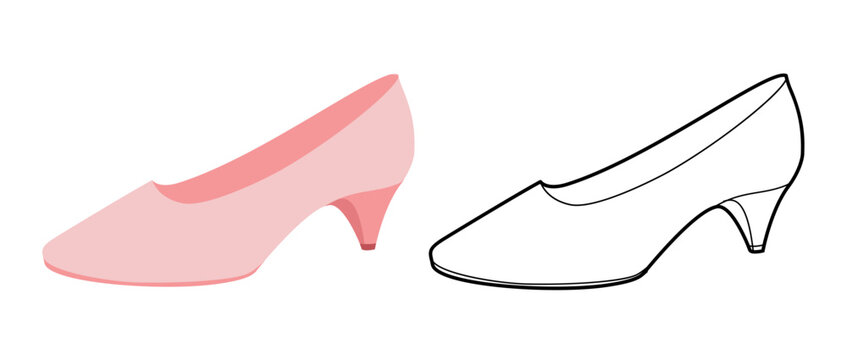 Pink kitten heel pump shoe women flat plus line set. Closed toe dress shoe, travel, comfortable work look. Technical fashion illustration, CAD mockup, mixed vector men unisex isolated stylish style.