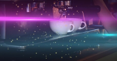 Showing espresso machine pulling shots into two white ceramic cups on wooden counter, magenta bokeh