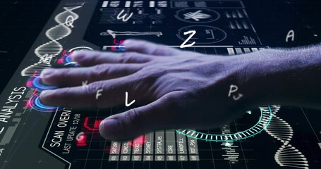 Resting right hand and exposed forearm on touchscreen in lab, touching glowing DNA helix and HUD