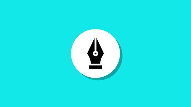 Flat design animation of black fountain pen tool icon popping into white circle over cyan background