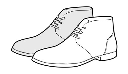 Chukka boot women sketch pair. Lace up ankle boot for casual city outfit and weekend wear. Technical fashion illustration CAD mockup vector man unisex isolated classic style.