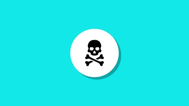 Skull and crossbones icon animation on white circle with drop shadow over blue background for warning and safety concepts