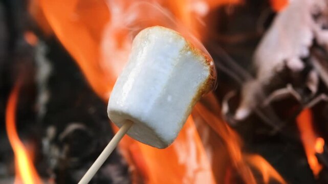 A marshmallow begins to toast over bright flames, catching a golden brown hue on one side. The fire glows vividly in the background, highlighting the warmth of the outdoor cooking moment