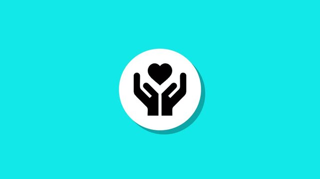 Heart in hands icon animation, flat design graphic motion on a vibrant aqua background with expanding and contracting white circle