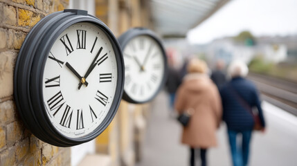 British summer time begins: outdoor scene with clocks and people at train station