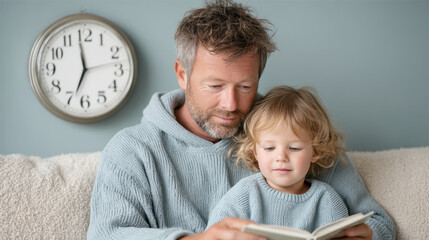 British summer time begins: family bonding scene with father and child reading together