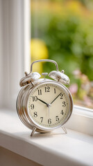 Classic alarm clock on windowsill signifying british summer time transition in natural light