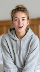Cheerful young woman in hoodie embracing british summer time indoors