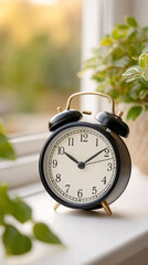 Vertical close-up of vintage alarm clock marking british summer time amid greenery