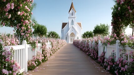 Naklejka premium White chapel with floral pathway in spring garden