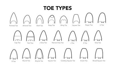 Toe types diagram single line pair. Pointed, almond, square shell shapes for learning, professional reference design education. Technical fashion illustration CAD mockup clean vector men women unisex