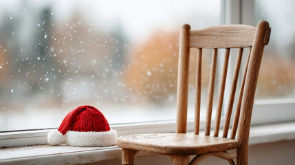 Emotional christmas scene with empty chair and santa hat by a snowy window