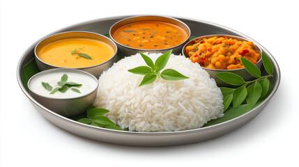 Indian festive cuisine on round steel platter with rice and curry selection