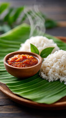 Traditional indian cuisine served on banana leaf with rice and curry