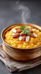Traditional indian festive food served in brass bowl with almonds and steam