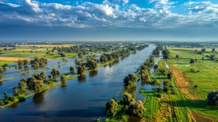 Obraz premium Breathtaking Aerial View of Seasonal Flooding in Agricultural Landscape and River