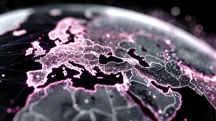 Digital rendering of a globe with interconnected lines and glowing points.