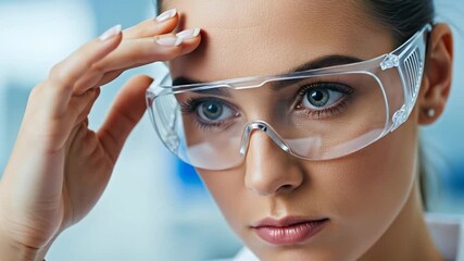 Focusing Scientist: A close-up shot of a scientist wearing protective eyewear, intently focused on their work, revealing a sense of professionalism and dedication within a laboratory setting.